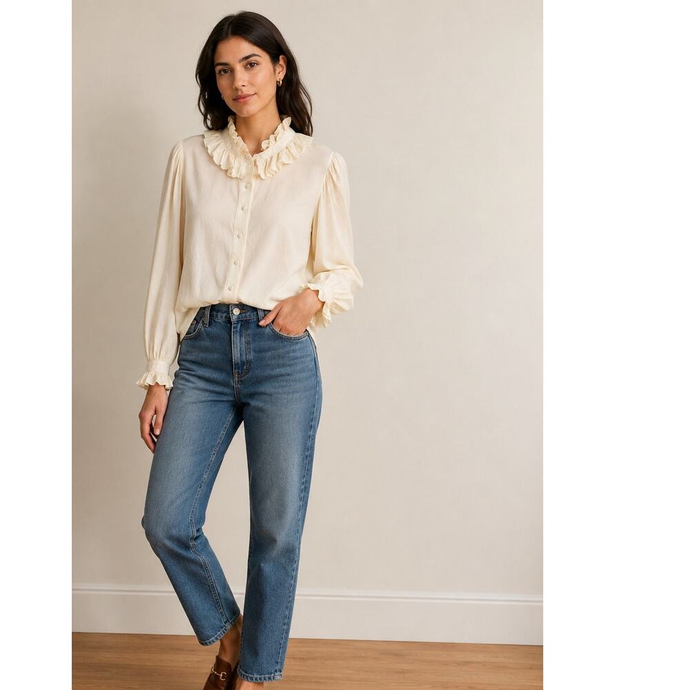 Boden Ruffle Collar Silk Blouse Size Medium/8 Cream Romantic Classic Staple